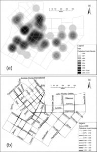 Figure 1. Pedestrian crash density: (a) ordinary Kernel Density Estimation with search radius of 100 m and cell size of 3 m; and (b) Network Versions of Kernel Density Estimation with search radius of 100 m and cell size of 3 m.