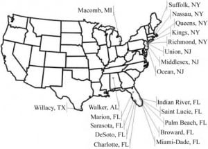 Figure 1. Geographic distribution of the Top 20 ultrasound “high-use” counties
