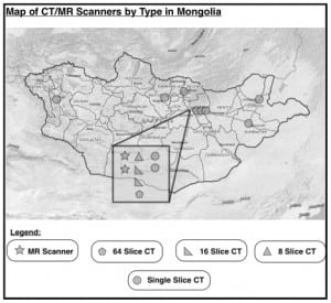 Figure 1. Distribution of advanced cross-sectional imaging capabilities in Mongolia. Of the 14 computed tomography (CT) scanning units, six are in the capital city, Ulaanbaatar. Five of six units capable of writing to compact discs are also located in Ulaanbaatar. For multi-detector CT scanners with two or more channels, 1.25mm slice thickness and 1mm reconstruction intervals are possible. There are two magnetic resonance imaging units in Mongolia, also located in Ulaanbaatar. Red lines depict the regional borders of the aimags (states) comprising Mongolia and do not represent roads.