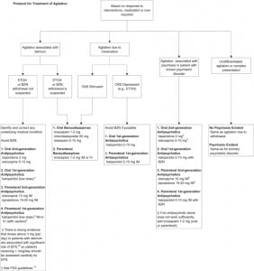 Figure. Protocol for treatment of agitation. BZN, benzodiazepine; EPS, extrapyramidal side effects; ETOH, alcohol; IM, intramuscular.