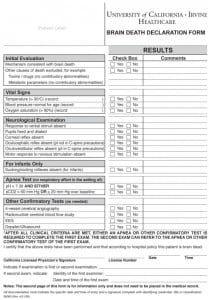 Figure 2. University of California Irvine Medical Center Brain Death Declaration Form and Instruction Sheet