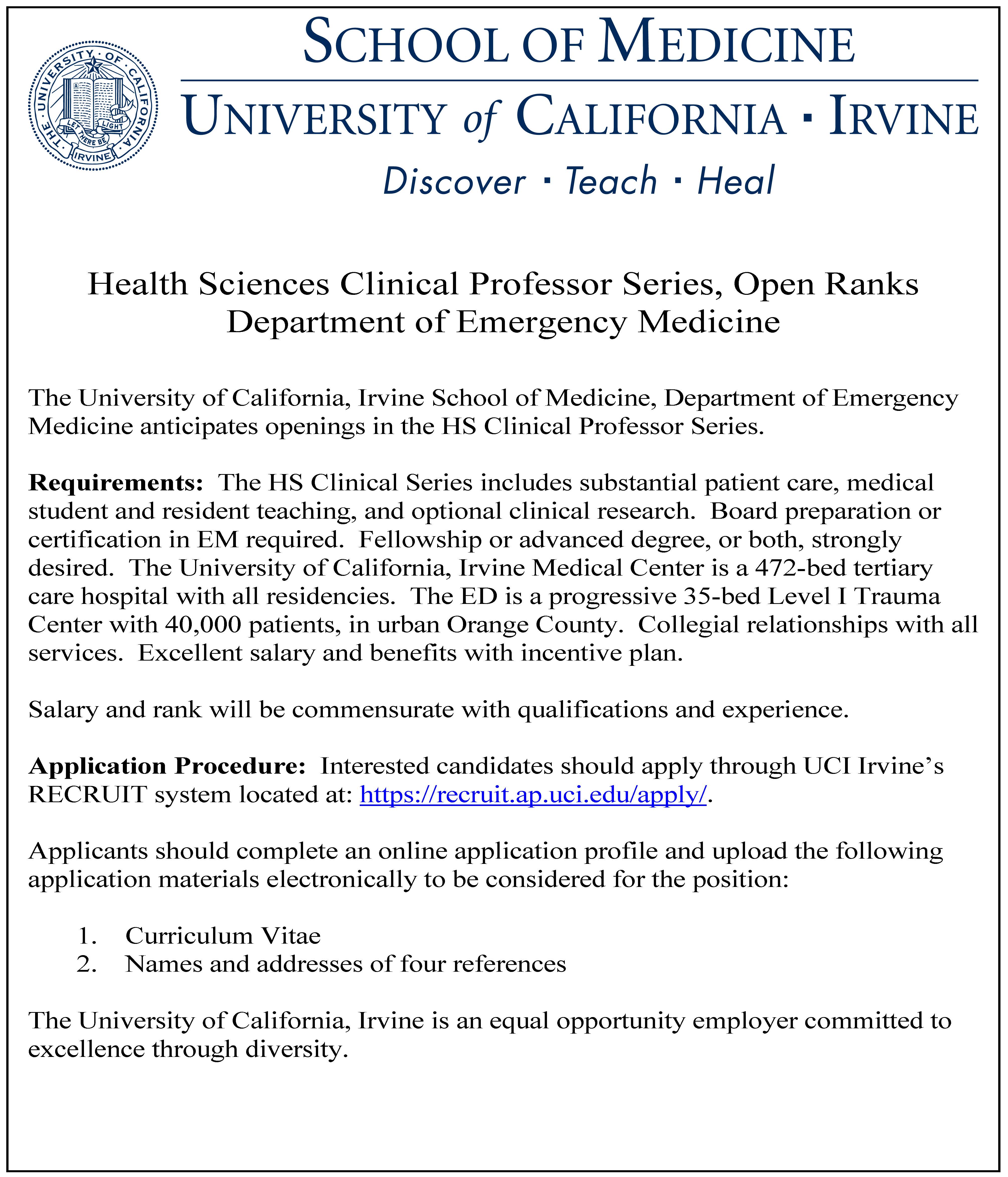 UCI Health Sciences Clinical Professor Series, Open Ranks