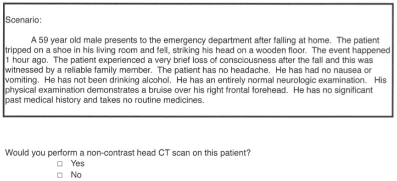 Figure Representative vignette sample in a survey of emergency physician adherence to head computed tomography (CT) guidelines.